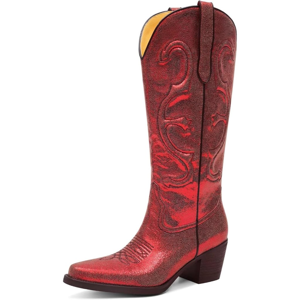 Women's Metallic Red Mid Calf Cowgirl Boots Pointed Toe Chunky Heel Embroidery